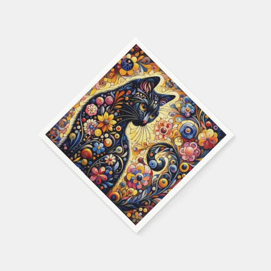 Schwarze Whimsikkatze Abstrakte Blumenmalerei Kuns Serviette (Ecke)