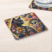Schwarze Whimsikkatze Abstrakte Blumenmalerei Kuns Untersetzer (angewinkelt)