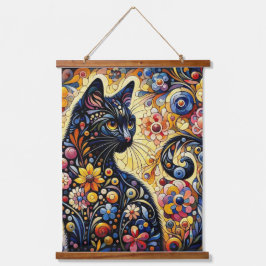 Schwarze Whimsikkatze Abstrakte Blumenmalerei Kuns Wandteppich Mit Holzrahmen