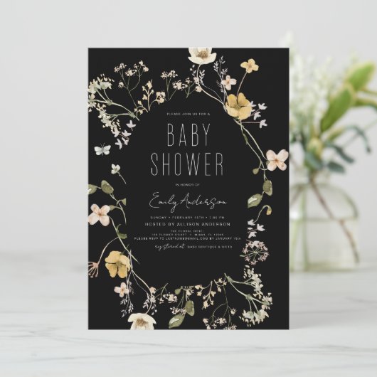 Schwarze Wildblume Boho Kinderdusche Elegant Moder Einladung (Stehend Vorderseite)