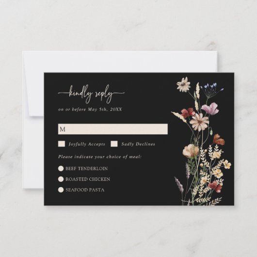 Schwarze Wildblume Boho RSVP-Karte RSVP Karte (Vorderseite)