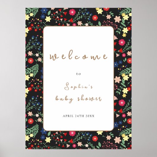 Schwarze Wildblume Frame Baby Dusche Willkommen Poster (Vorne)
