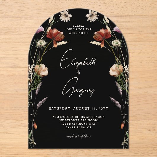 Schwarze Wildblume Hochzeit Acryleinladungen (Vorderseite)