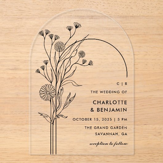 Schwarze Wildblume Moderne Minimalistische Arch-Ho Acryleinladungen (Vorderseite)