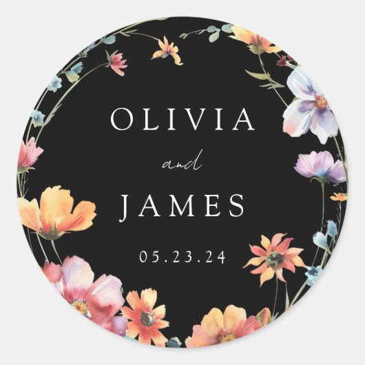 Schwarze Wildblume Wreath Sommerhochzeit Runder Aufkleber (Vorderseite)