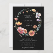 Schwarze Wildblumen-QR-Code-Hochzeit Einladung (Vorderseite)