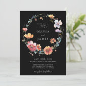 Schwarze Wildblumen-QR-Code-Hochzeit Einladung (Stehend Vorderseite)
