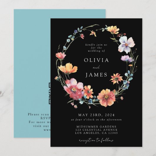 Schwarze Wildblumen-QR-Code-Hochzeit Einladung (Vorne/Hinten)