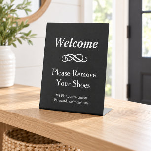 Schwarze Willkommen-Wifi-Schuhe-Ausziehen Sockelschild