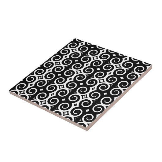 Schwarze Wirbel (auf Weiß) Fliese (Seite)