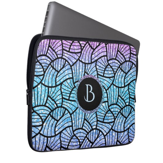 Schwarze Wirbel Muster auf farbigen Glitzer drucke Laptopschutzhülle (Vorne Rechts)