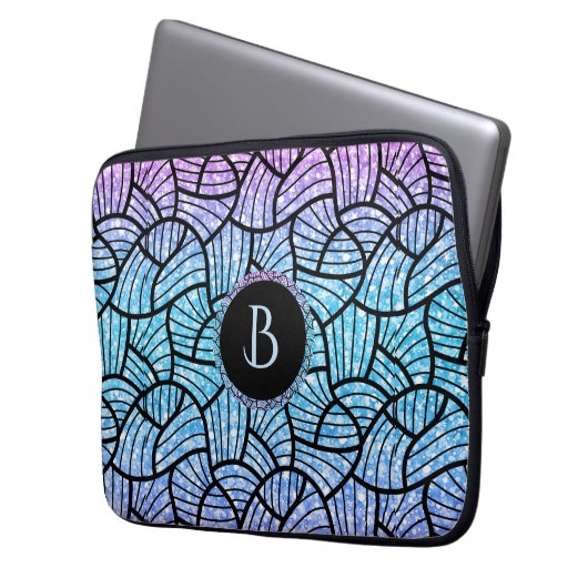 Schwarze Wirbel Muster auf farbigen Glitzer drucke Laptopschutzhülle (Vorderseite Links)