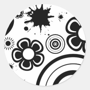Schwarze wunderliche Blumen, Kreise, Spritzmuster Runder Aufkleber