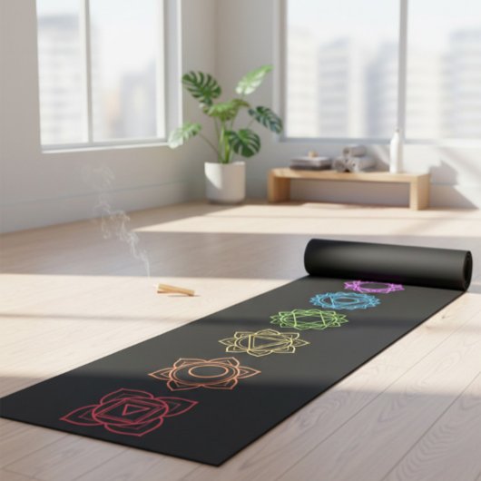 Schwarze Yogamatte mit farbenfrohen Chakren