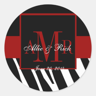 Schwarze Zebra-Monogramm-Namen Hochzeitsgeschenk-E Runder Aufkleber