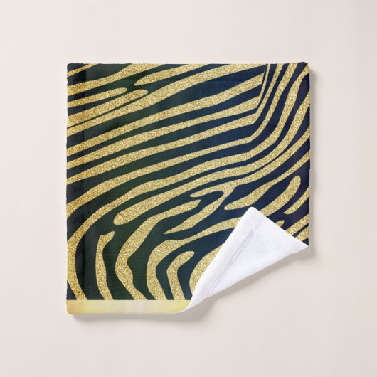 Schwarze Zebra-Skin-Streifen auf Gold-Glitzer Badhandtuch Set (Waschlappen)