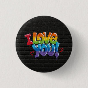 Schwarze Ziegelwand mit Graffiti „Ich liebe dich!“ Button