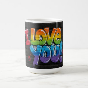 Schwarze Ziegelwand mit Graffiti „Ich liebe dich!“ Kaffeetasse