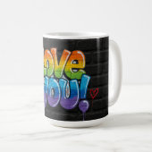 Schwarze Ziegelwand mit Graffiti „Ich liebe dich!“ Kaffeetasse (VorderseiteRechts)