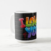 Schwarze Ziegelwand mit Graffiti „Ich liebe dich!“ Kaffeetasse (Vorderseite Links)