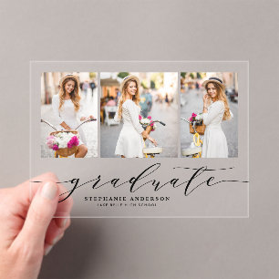 Schwarze zierliche Schrift Drei Foto Abschlussfeie Acryleinladungen