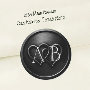 Schwarze Zwei-Herzen-Silber-Monogramm-Hochzeit Runder Aufkleber