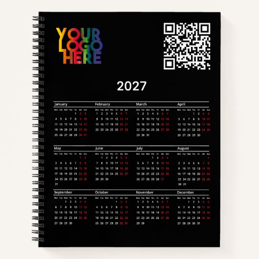 Schwarzer 2027-Kalender Geschäftslogo QR-Code Notizblock (Vorderseite)
