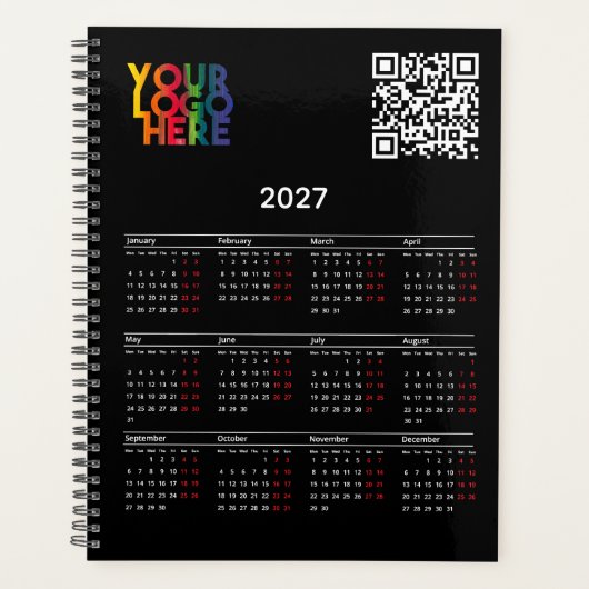 Schwarzer 2027-Kalender Geschäftslogo QR-Code Planer (Vorderseite)