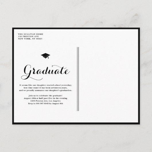 Schwarzer Abschluss 2025 Ankündigungspostkarte (Rückseite)