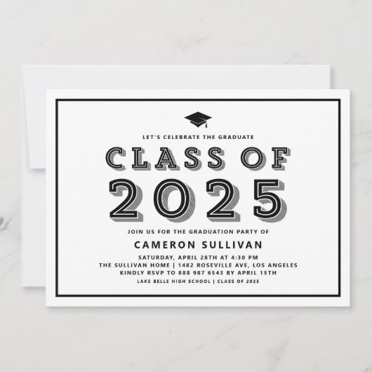 Schwarzer Abschluss der 2025-Cap Retro-Klasse Einladung (Vorderseite)