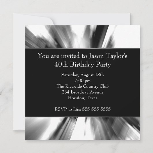 Schwarzer Abstrakter Wolkenkratzer Mans 40. Geburt Einladung (Rückseite)