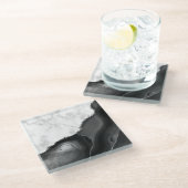 Schwarzer Achat Silber Glitter Weiß Falscher Marmo Glasuntersetzer (Schrägansicht)