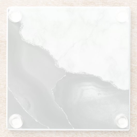 Schwarzer Agate Silver Glitzer Weißer Imitat Marmo Glasuntersetzer (Rückseite)