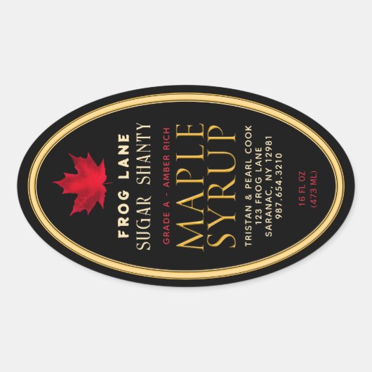 Schwarzer Ahornsirup mit rotem Leaf und Grenze Ovaler Aufkleber (Vorderseite)