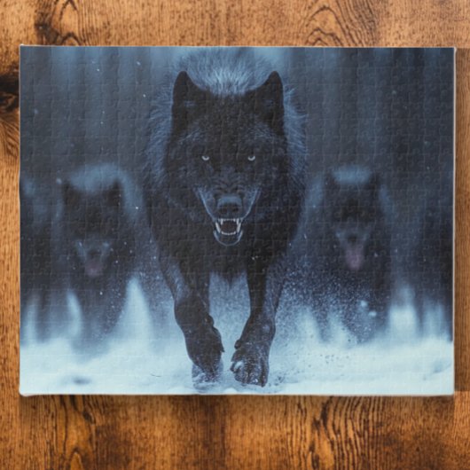 Schwarzer Alpha Wolf im Schnee laufen Puzzle