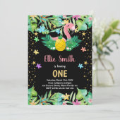 Schwarzer Ananas Flamingo Geburtstagseinladungen Einladung (Stehend Vorderseite)