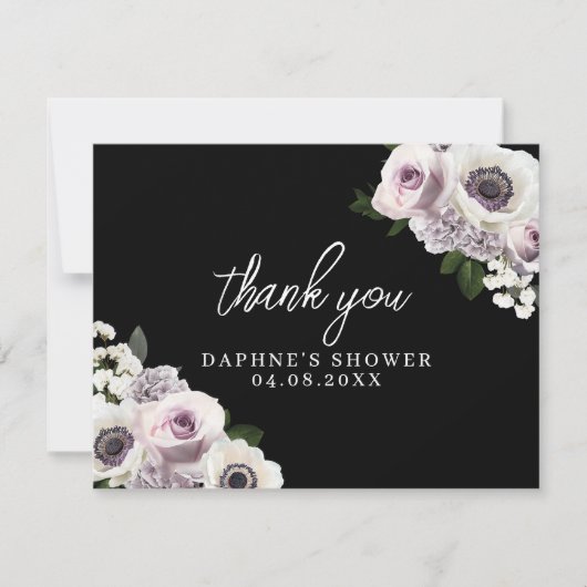 Schwarzer Anemon und Lila Brautparty Dankeskarte (Vorderseite)