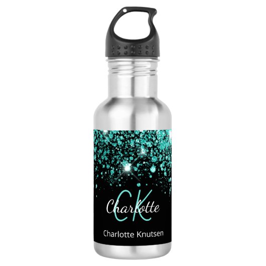 Schwarzer aquamariner Glitzer Monogramm-Name glamo Edelstahlflasche (Vorderseite)