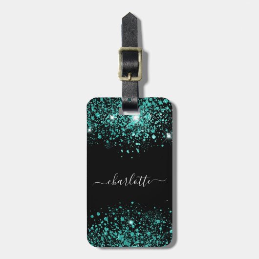 Schwarzer aquamariner Glitzer Staub Meergrün Monog Gepäckanhänger (Vorderseite vertikal)