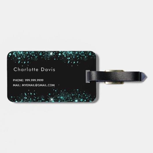 Schwarzer aquamariner Glitzer Staub Meergrün Monog Gepäckanhänger (Rückseite horizontal)