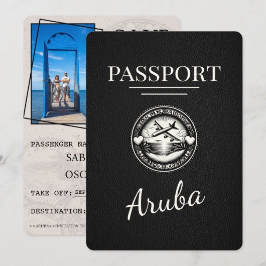 Schwarzer Aruba Reisepass Save The Date (Vorne/Hinten)