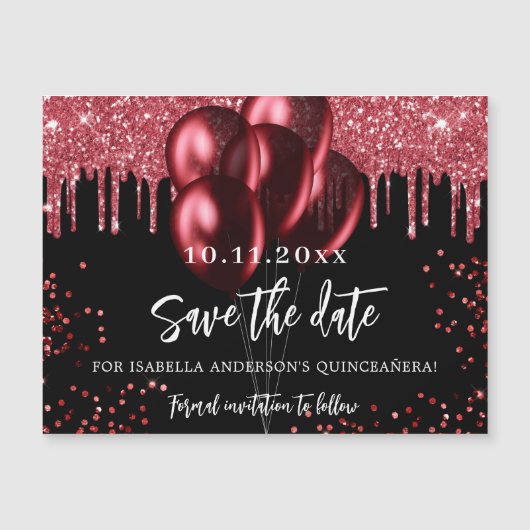 Schwarzer Ballonmagnet in Quinceanera Save the Dat Magneteinladung (Vorderseite)
