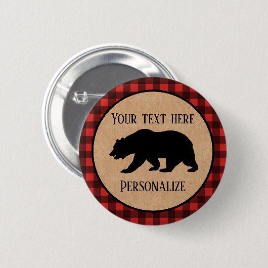 Schwarzer Bär auf einem roten und schwarzen Karier Button (Vorne & Hinten)