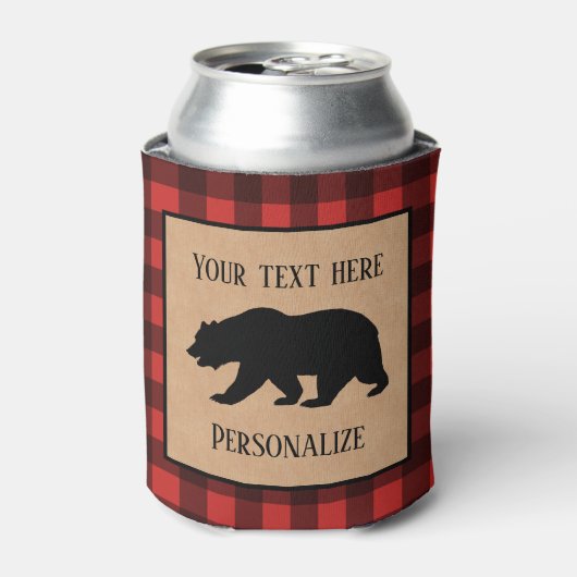 Schwarzer Bär auf einem roten und schwarzen Karier Dosenkühler (Kanne Vorderseite)