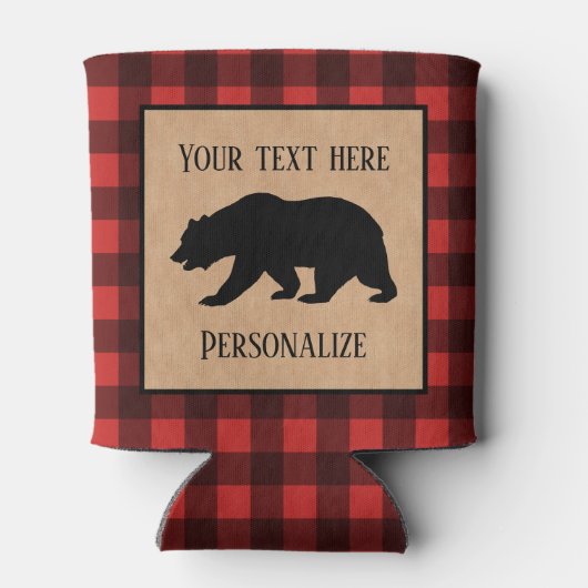 Schwarzer Bär auf einem roten und schwarzen Karier Dosenkühler (Rückseite)