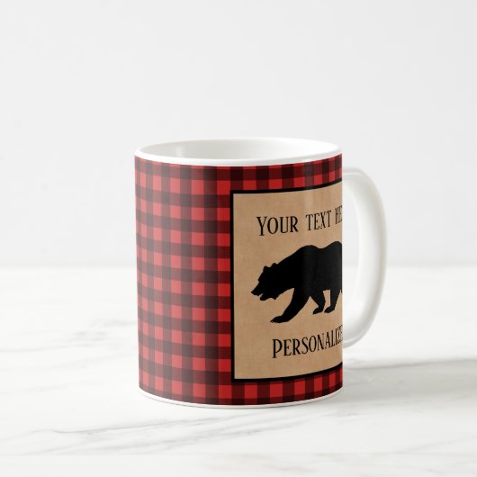 Schwarzer Bär auf einem roten und schwarzen Karier Kaffeetasse (VorderseiteRechts)