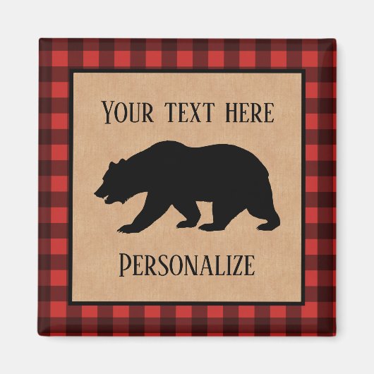 Schwarzer Bär auf einem roten und schwarzen Karier Magnet (Vorne)