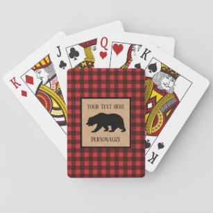 Schwarzer Bär auf einem roten und schwarzen Karier Spielkarten