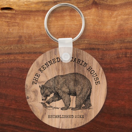 Schwarzer Bär Familienname Rustikales Holzhaus Schlüsselanhänger (Vorderseite)