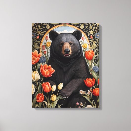 Schwarzer Bär farbenfrohe Tulip-Blume Leinwanddruck (Vorderseite)